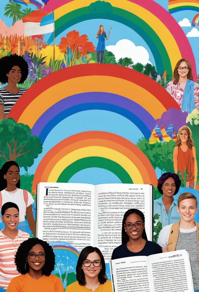 A colorful and vibrant collage representing gender diversity, featuring a diverse group of transgender individuals engaged in discussions, surrounded by symbols of pride and acceptance like rainbows and flags. An open journal with inclusive headlines in the foreground, radiating warmth and community spirit. The background showcases urban landscapes with elements of nature, symbolizing growth and transformation. super-realistic. vibrant colors. white background.