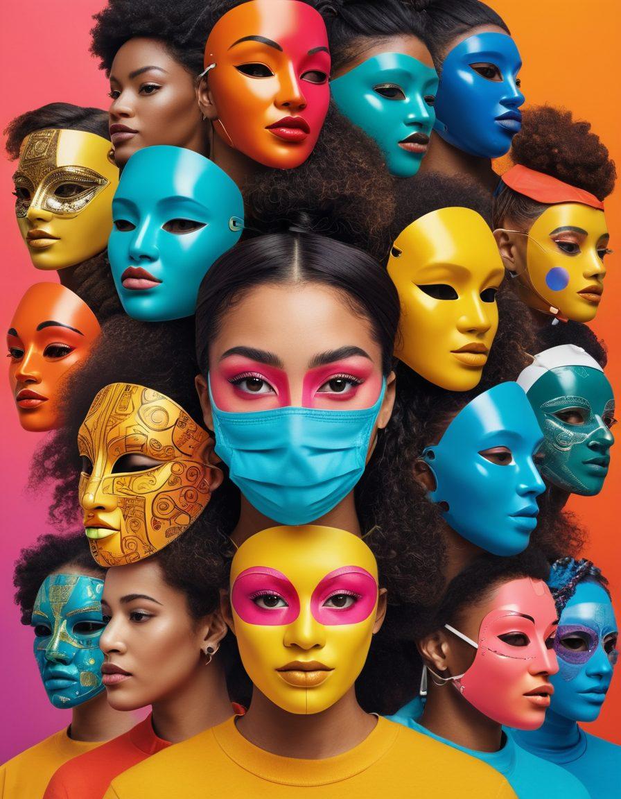 A digital collage representing diverse identities, featuring vibrant masks intertwined with symbols of technology and social media. Include elements like human faces emerging from screens, colorful gender symbols, and abstract representations of lifestyle trends. Use a bright, inclusive palette to showcase the beauty of diversity. super-realistic. vibrant colors. dynamic compositions.