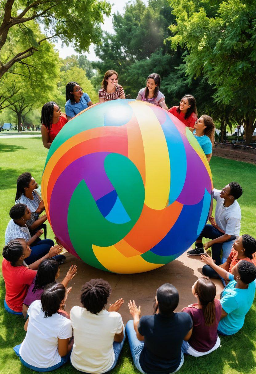 An inclusive gathering of diverse individuals from various backgrounds, genders, and ages, engaging in a lively discussion around a large, colorful globe symbolizing global gender diversity. The scene is set outdoors in a vibrant urban park, filled with lush greenery and geometric art installations. Include symbols of equality and unity, like intertwined hands and a rainbow flag, to emphasize community spirit. The atmosphere is warm and inviting, radiating positivity and connection. vector art. vibrant colors. white background.